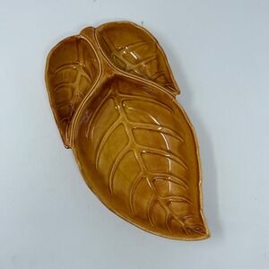 MCM Vintage California USA Leaf Shaped Ceramic Candy Dish Trinket Plate Brown s1